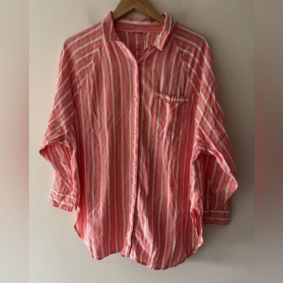 aerie Tops - Aerie Linen Blend Coverup Shirt Pink and White‎ Stripe Button Down